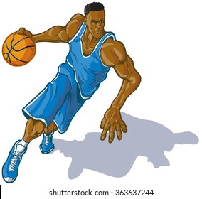 Cartoon vector clip art illustration of a African American male basketball player dribbling. Uniform can be changed to any color.