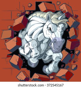 Cartoon vector clip art illustration of a tough mean white horse or bronco or colt mascot crashing through a brick wall. Character art is on separate layers.