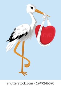 Cartoon vector clipart ot the stork holding heart in its beak. Tall bird delivering love, isolated on blue background