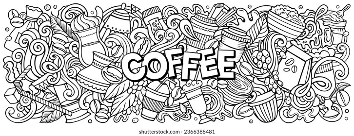 Cartoon vector Coffee doodle illustration features a variety of Coffeehouse objects and symbols. Sketchy whimsical funny picture.