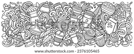 Cartoon vector Coffee doodle illustration features a variety of Coffeehouse objects and symbols. Sketchy whimsical funny picture.