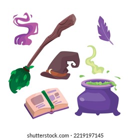 Cartoon vector collection of magic items. Witch hat and broom and cauldron. Grimoire. Halloween items. Boiler. brew.