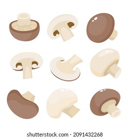 Cartoon vector collection of mushroom royal champignon. Fresh cartoon organic whole and slised mushroom isolated on white used for magazine, book, poster, card, menu cover, web pages.