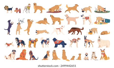 Cartoon Vector Collection Of Various Dog Breeds In Different Poses And Costumes. Playing, Barking, Working Dogs