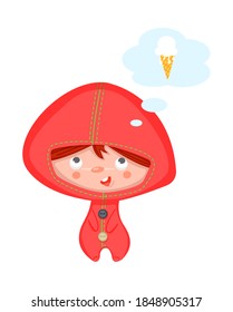 Cartoon vector color character. Little boy in pajamas dreaming of an ice cream cone.