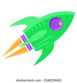 Cartoon vector color flying rocket icon. Startup concept. Simple green pictogram of the spaceship isolated on transparent background