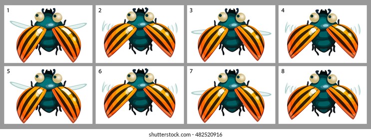 Cartoon vector colorado potato beetle animation fly. Game icon funny flying insect. Vector design for app user interface.