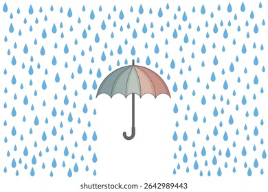 Cartoon vector of colorful umbrella and rain drops falling, flat design in pastel tones for cute weather backgrounds, kids illustrations, and print-ready art
