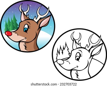 cartoon vector coloring book illustration Rudolph the Red Nose Reindeer