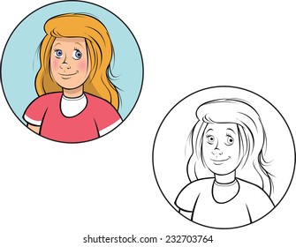cartoon vector coloring book illustration of a blond girl smiling