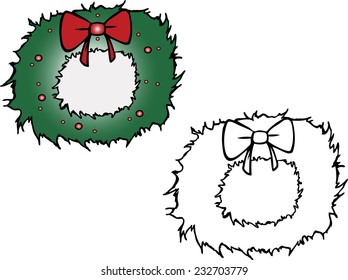 cartoon vector coloring book illustration of a Christmas Wreathe