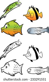 cartoon vector coloring book illustration of a fish collection