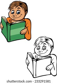 cartoon vector coloring book illustration of a boy reading