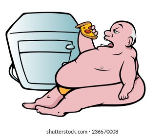 cartoon vector coloring book illustration of a fat man eating pizza