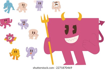 Caricatura vectorial Caracteres cómicos. Caricaturas locas Colección de vectores abstractos al estilo retro de moda