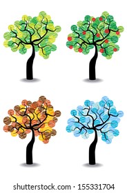 cartoon vector concept with four seasons trees isolated on white background