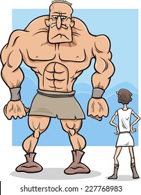 Cartoon Vector Concept Illustration Of David And Goliath Myth Or Saying