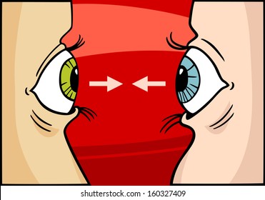 Cartoon Vector Concept Illustration of Eye to Eye Confrontation or Staring Contest