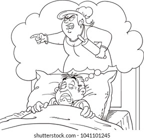 Cartoon Vector Concept Illustration of Funny Man Dreaming a Nightmare about fat woman