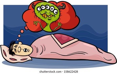 Cartoon Vector Concept Illustration of Funny Man Dreaming a Nightmare about Monster