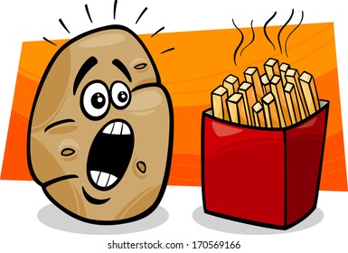 Cartoon Vector Concept Illustration of Terrified Potato and French Fries