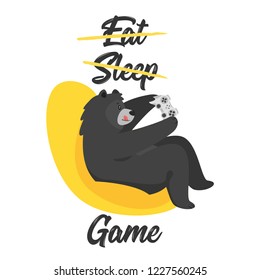 Cartoon vector cool black bear holding game controller and gaming, isolated on white background. Template design for t-shirt print. Eat, sleep, game text.