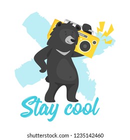 Cartoon vector cool black bear holding boombox and dancing, isolated on white background. Template design for kids t-shirt print. Stay cool text.