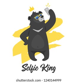 Cartoon vector cool black bear wearing sunglasses and taking a selfie on its smartphone, isolated on white background. Template design for t-shirt print. Selfie king text.