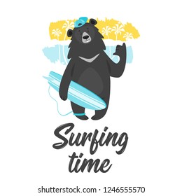 Cartoon vector cool black bear surfer bear holding surfboard, background with abstract sea shore. Template design for kids t-shirt print. Surfing time text.