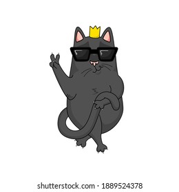 Cartoon vector cool black cat with crown and sunglasses 