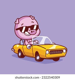 Cartoon vector cool pig driving a car