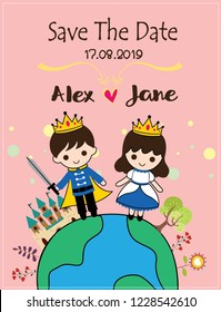Cartoon vector couple. Cartoon cute princess and prince. Wedding invitation card groom & bride cartoon.