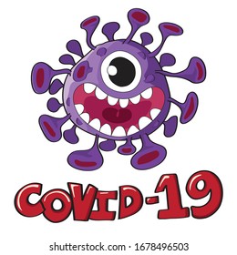 Vector de caricatura Covid-19 (Coronavirus) aislado con el texto COVID-19 sobre fondo blanco. Estilo de mano libre.
