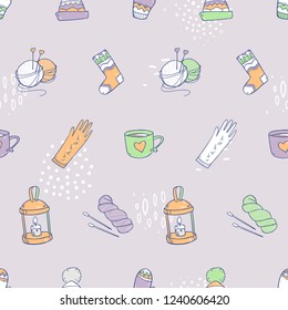 Cartoon vector cozy cute knitting seamless pattern with different elements on  background