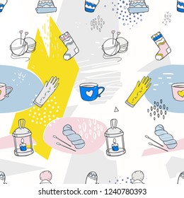 Cartoon vector cozy cute knitting seamless pattern with different elements on abstract beautiful contemporary background