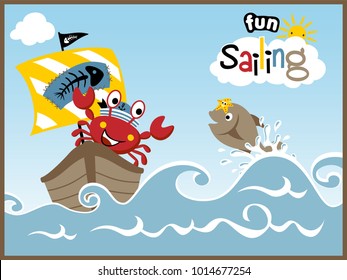 Cartoon vector of crab on sailboat, marine animals in the sea. Crab, fish, starfish.