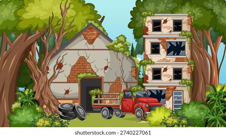 Cartoon vector of cracked abandoned buildings and rusty truck surrounded by dense overgrown forest