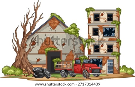 Cartoon vector of cracked abandoned buildings, rusty truck, and overgrown vegetation on white background