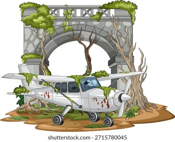 Cartoon vector of crashed light aircraft beneath ruined stone bridge, overgrown with jungle vegetation