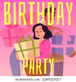 Cartoon vector creative Birthday party poster. Excited woman holding yellow gift box with bow. Concept of holiday surprise, birthday celebration. Happy people receive present boxes.