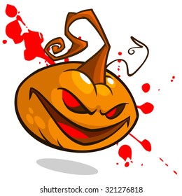 Cartoon vector creepy Jack o Lantern pumpkin head with red eyes on bloody spots. Halloween illustration