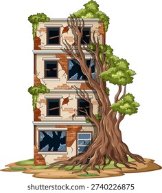 Cartoon vector of crumbling abandoned building with broken windows and massive tree growing alongside