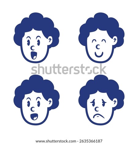 Cartoon vector of curly-haired boy with angry, happy, winking, and surprised expressions. Perfect for kid illustrations, UI stickers, emotion icons, and educational materials