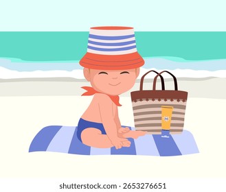 Vetor de desenhos animados de um bebê bonito com chapéu de sol e creme de protetor solar, sentado em uma toalha na praia. Conceito de tema de verão e férias