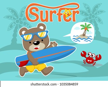 Cartoon vector of cute bear carrying surfboard, surfing elements with starfish with crab