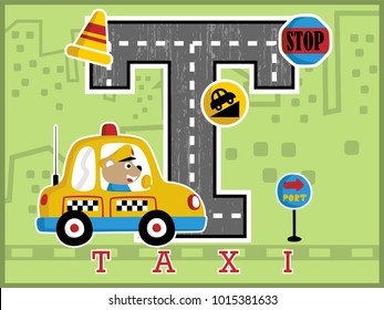 Cartoon vector of cute bear driving taxi, traffic elements illustration on big T alphabet