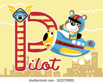 Cartoon vector of cute bear pilot on funny plane flying across buildings