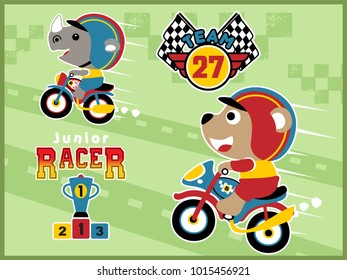 Cartoon vector of cute bear with rhino in motor racing competition, motor racing elements on motor track background