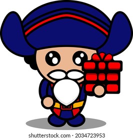 cartoon vector cute bearded columbus mascot costume character holding a gift. suitable for use on the day of colombus
