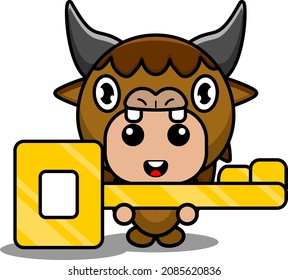 cartoon vector cute bison animal mascot costume character holding key